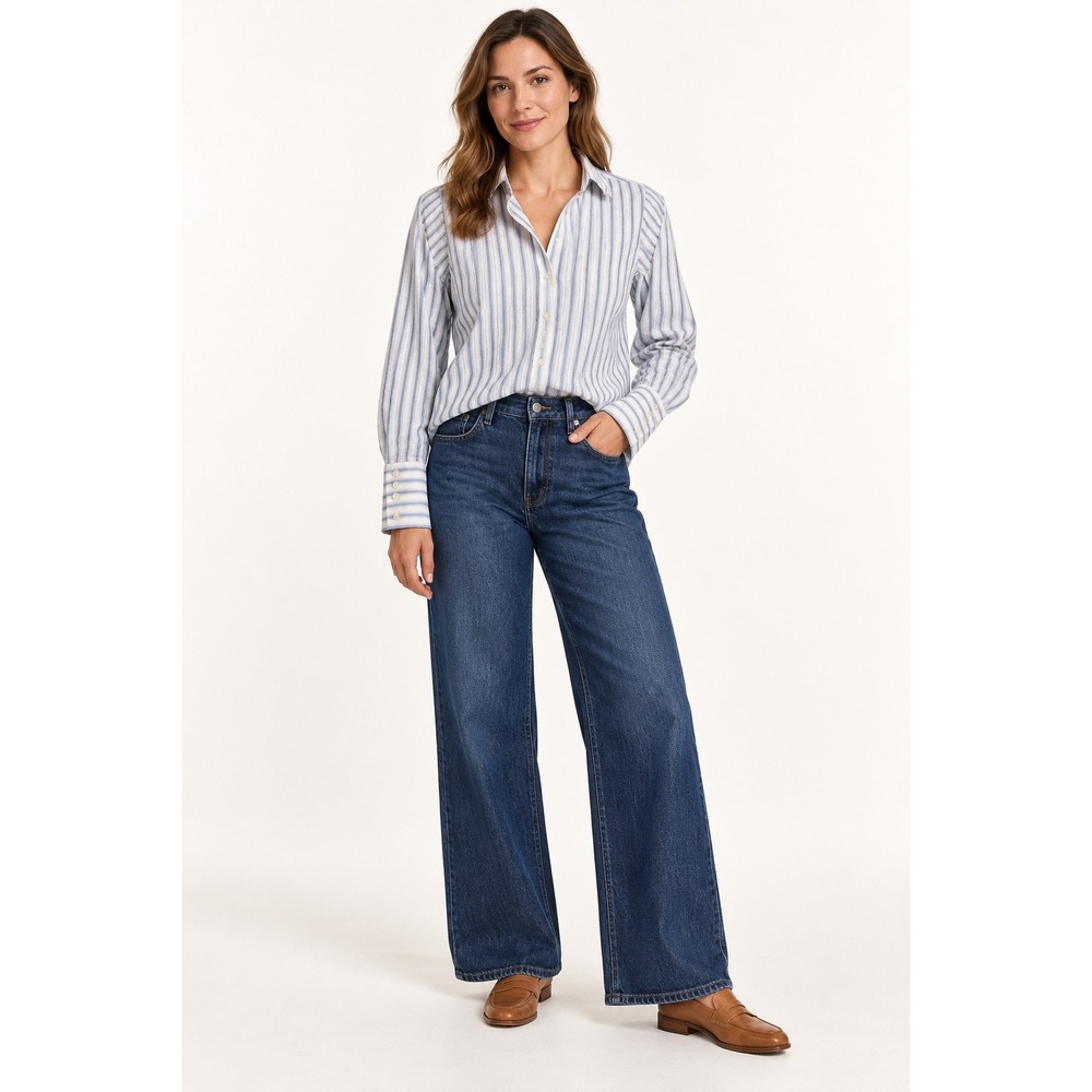 Carven Femme Womens L Blue White Striped Cotton Button Down Shirt Textured